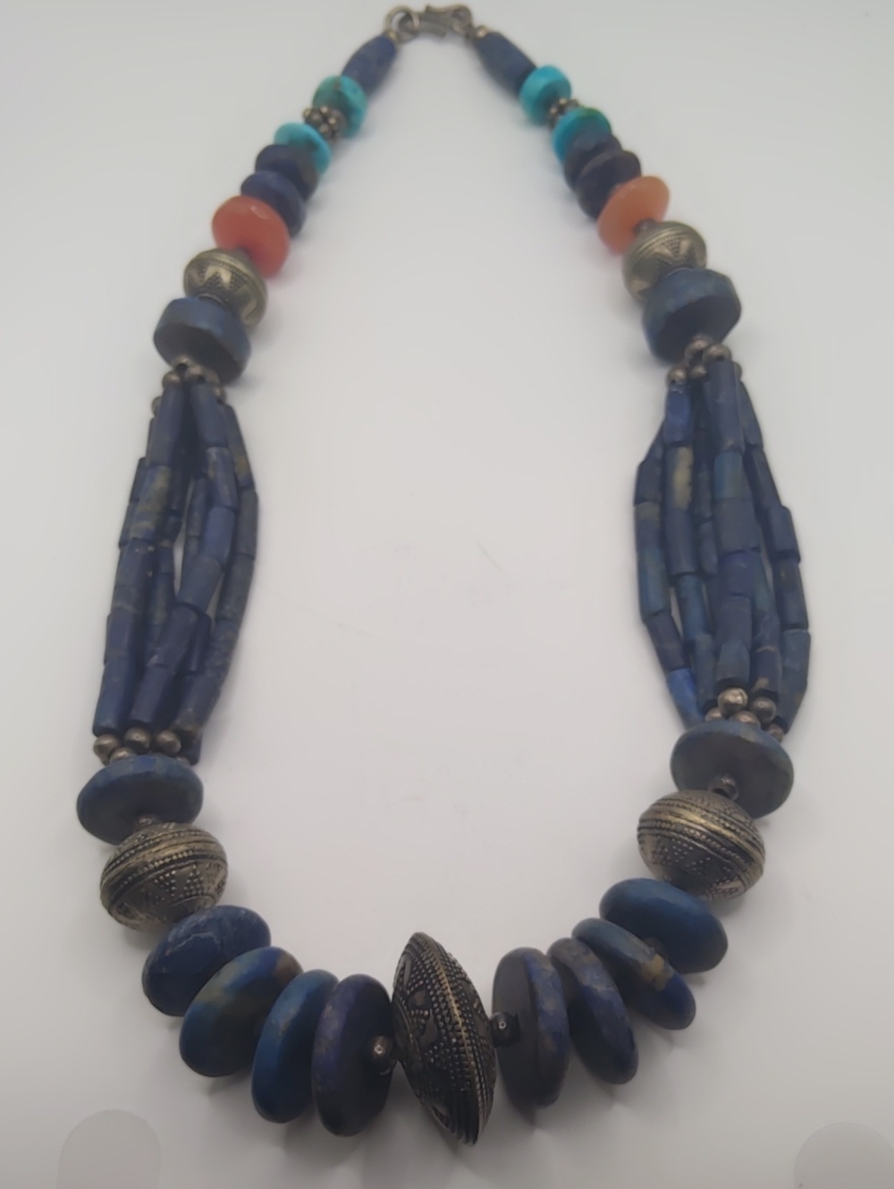 Tribal Lapis, Orange Tourmaline, and Glass Statement Necklace